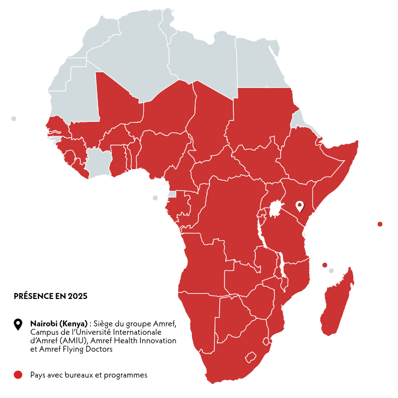 Carte de la présence d'AMREF en 2025 en Afrique